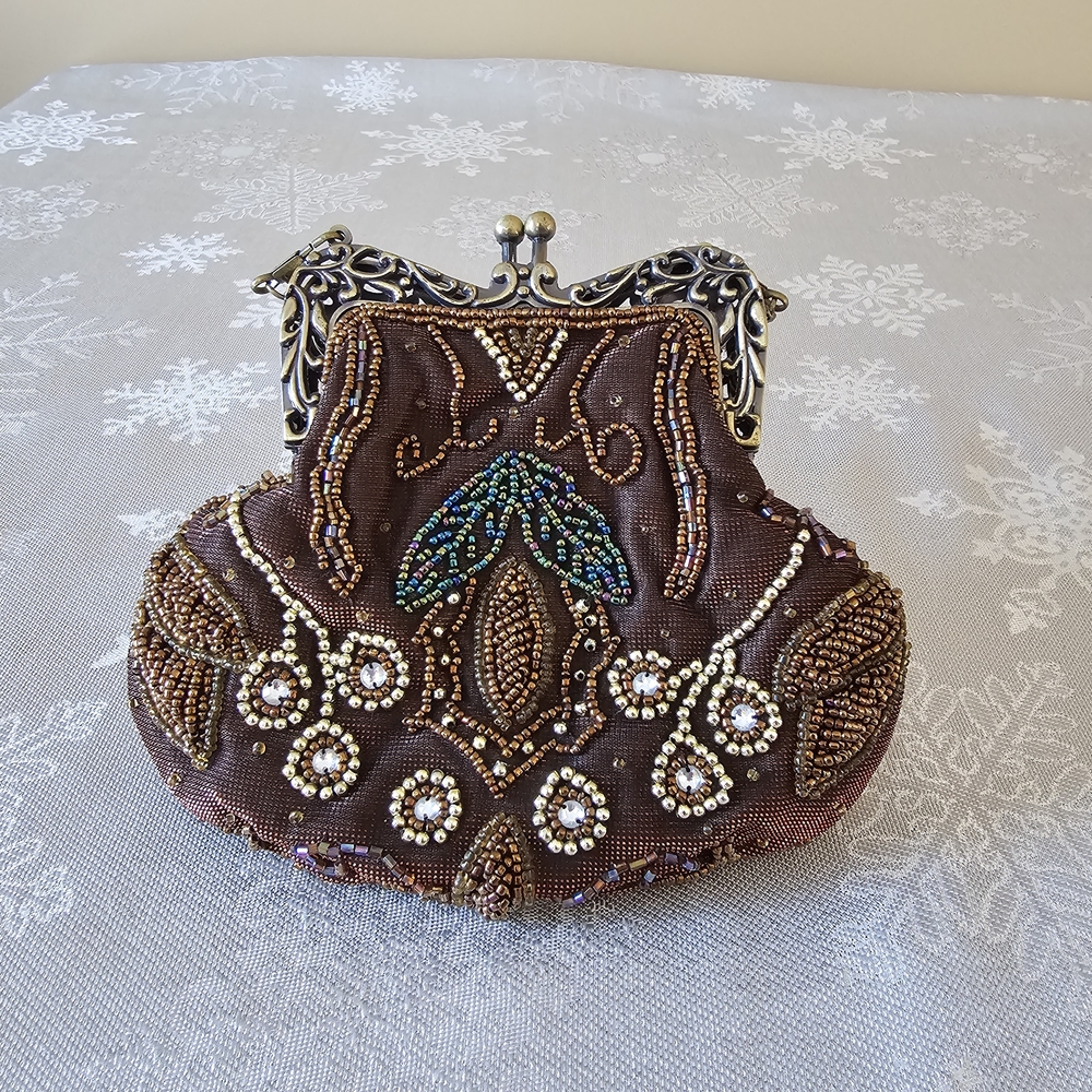 Brown Beaded Evening Bag Clutch Crossbody Detachable Strap Bridal Party Festival